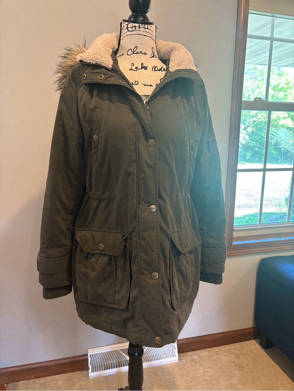 Dkny Olive Green Hooded Utility Parka with Faux Fur Trim